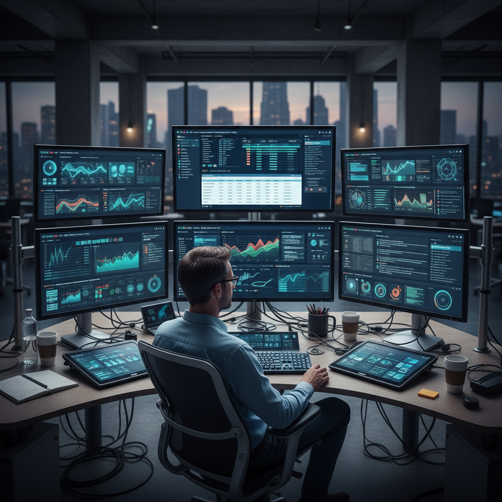 Workflow coordinator using multiple screens, managing digital platforms and analytics dashboards, task orchestration tools