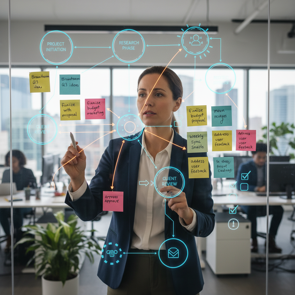 Productivity coordinator mapping a complex workflow with sticky notes and digital overlays, team engaged in discussion.