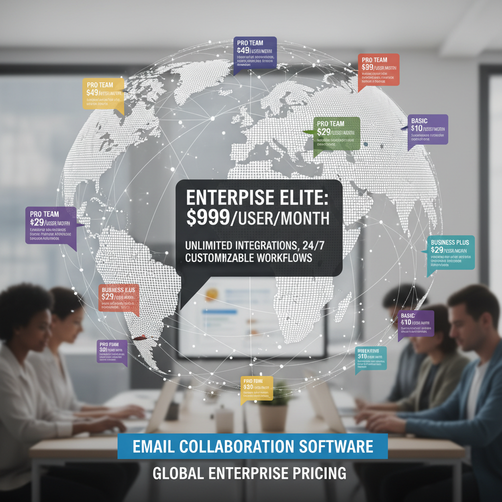 World map with price tags over major regions, illustrating global pricing disparities for enterprise email collaboration software