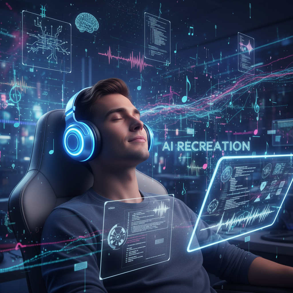 Photojournalistic portrait of a young adult with headphones, eyes closed, listening to an AI recreation.