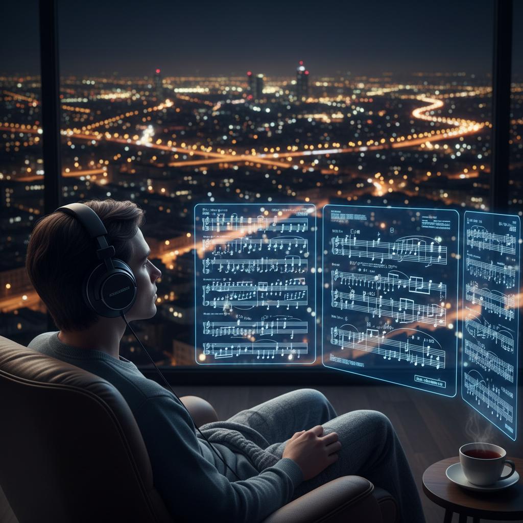 Młody słuchacz z słuchawkami, otoczony partyturami i ekranami, ilustruje nowoczesne słuchanie muzyki klasycznej online