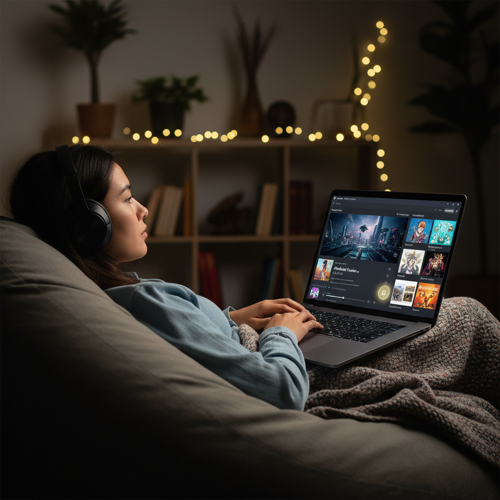 Młoda osoba słuchająca muzyki i oglądająca film na laptopie - rekomendacje w różnych dziedzinach