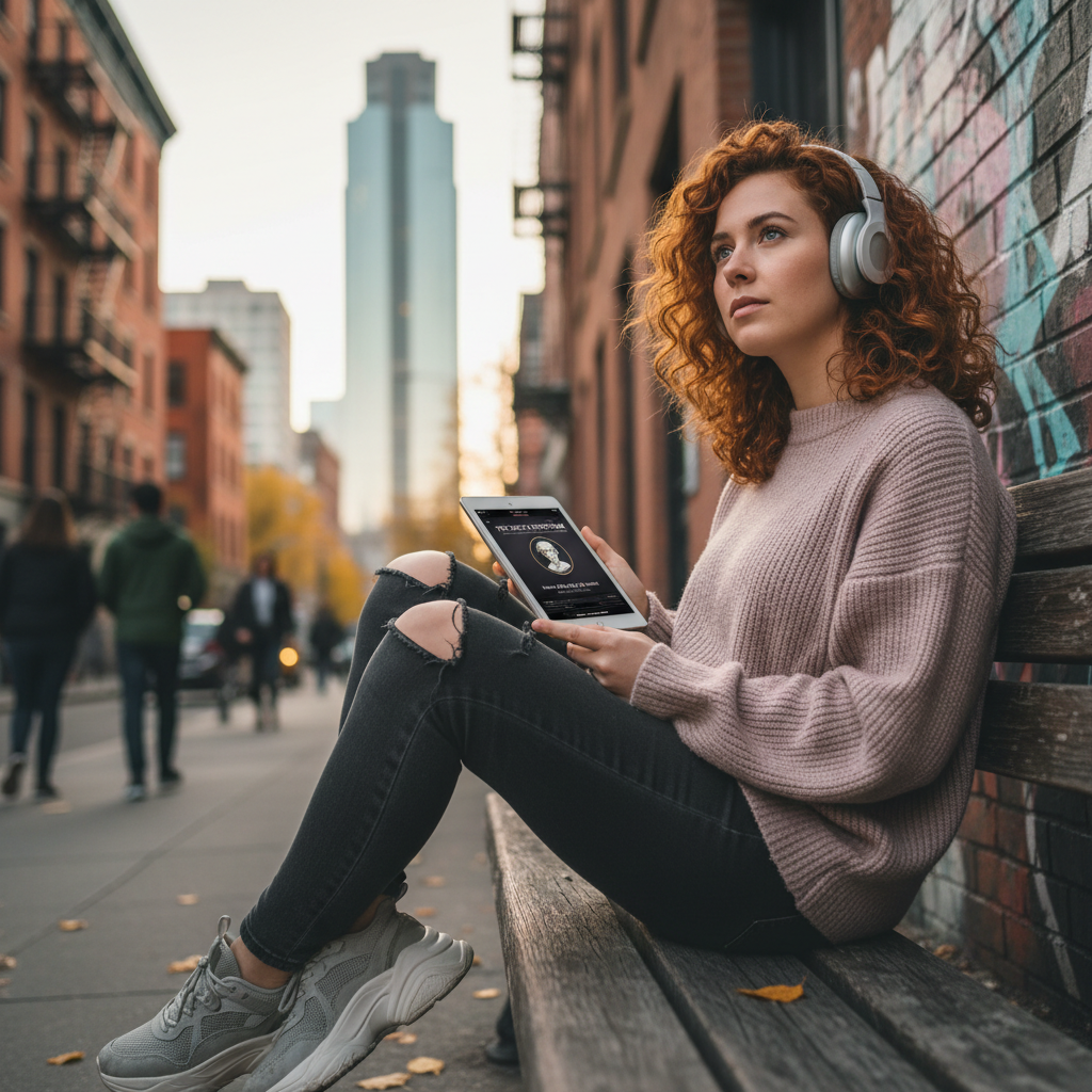 Młoda kobieta słucha podcastu filozoficznego podczas spaceru po mieście, w tle graffiti z cytatem filozoficznym