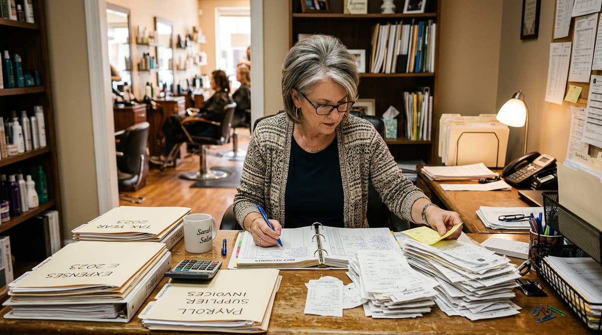 Właściciel salonu fryzjerskiego przygotowujący dokumenty do kontroli